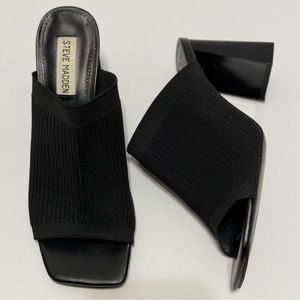 Steve Madden “Density” Black Square Peep Toe Stretch Fabric Mules/Heels EUC